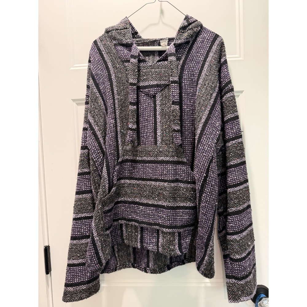 Vintage Mexican Baja Hoodie M/L Purple Gray Black Stripe Rug Unisex